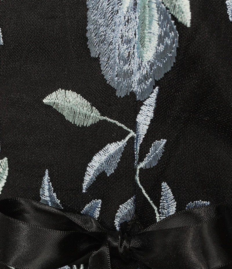 Alex Evenings Boat Neck 3/4 Illusion Sleeve Tie Sash Belt Embroidered Stretch Tulle Blouse