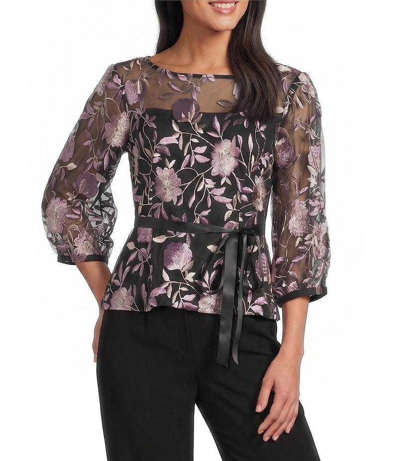 Alex Evenings Boat Neck 3/4 Illusion Sleeve Tie Sash Belt Embroidered Stretch Tulle Blouse