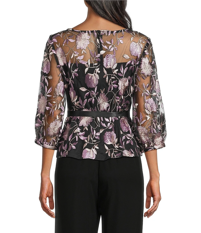 Alex Evenings Boat Neck 3/4 Illusion Sleeve Tie Sash Belt Embroidered Stretch Tulle Blouse