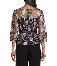 Alex Evenings Boat Neck 3/4 Illusion Sleeve Tie Sash Belt Embroidered Stretch Tulle Blouse