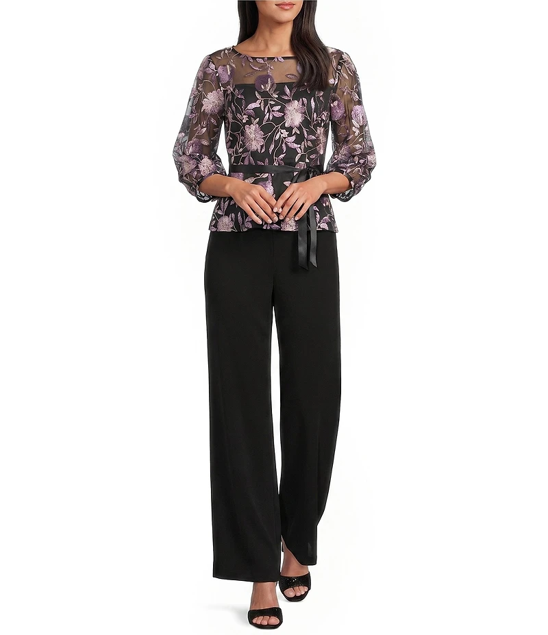 Alex Evenings Boat Neck 3/4 Illusion Sleeve Tie Sash Belt Embroidered Stretch Tulle Blouse