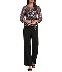 Alex Evenings Boat Neck 3/4 Illusion Sleeve Tie Sash Belt Embroidered Stretch Tulle Blouse