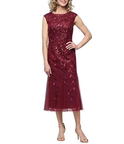 Alex Evenings Boat Neck Cap Sleeve Sequin Midi Dress