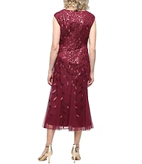 Alex Evenings Boat Neck Cap Sleeve Sequin Midi Dress