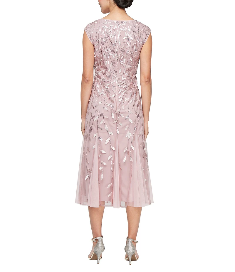 Alex Evenings Boat Neck Cap Sleeve Sequin Midi Dress