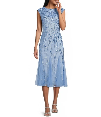 Alex Evenings Boat Neck Cap Sleeve Sequin Midi Dress