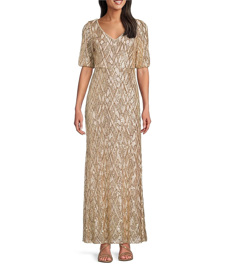 Alex Evenings Bubble Hem Short Sleeve Sequin Print Gown