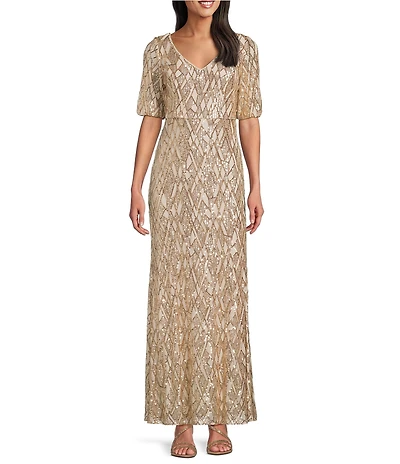 Alex Evenings Bubble Hem Short Sleeve Sequin Print Gown