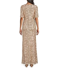Alex Evenings Bubble Hem Short Sleeve Sequin Print Gown