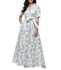 Alex Evenings Burnout Jacquard Collared V-Neck Elbow Length Sleeves Tie Waist Gown