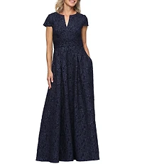 Alex Evenings Cap Sleeve Embossed Crepe Jacquard Long Gown