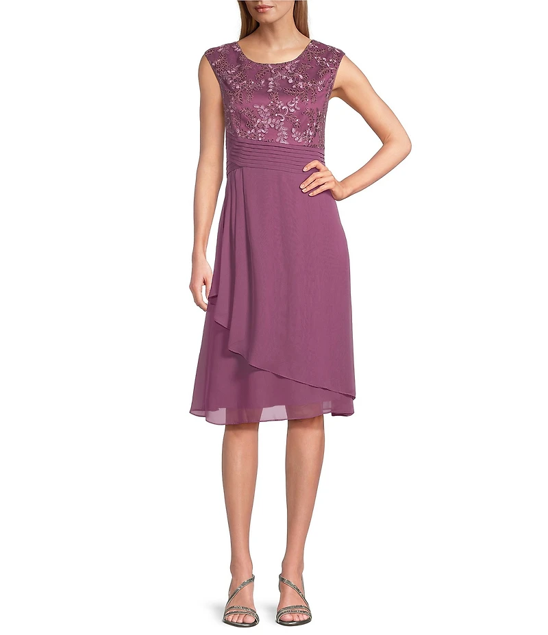 Alex Evenings Cap Sleeve Empire Waist Embroidered Midi Dress