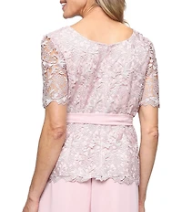 Alex Evenings Chemical Lace Boat Neck Elbow Sleeve Chiffon Tie Belt Blouse