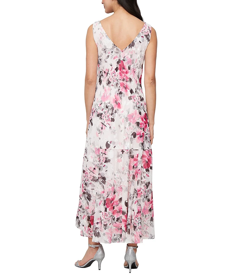 Alex Evenings Chiffon Floral Print High-Low Hem Slip Midi Dress