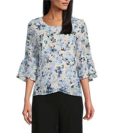 Alex Evenings Chiffon Scoop Neck 3/4 Bell Sleeve Tulip Hem Blouse
