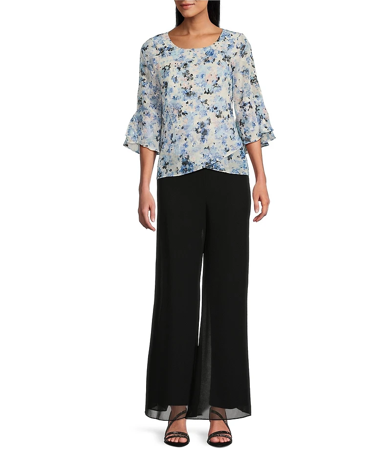 Alex Evenings Chiffon Scoop Neck 3/4 Bell Sleeve Tulip Hem Blouse