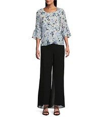 Alex Evenings Chiffon Scoop Neck 3/4 Bell Sleeve Tulip Hem Blouse