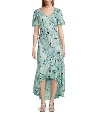 Alex Evenings Chiffon V-Neck Short Sleeve Tulip Overlay High-Low Hem Fit and Flare Midi Dress