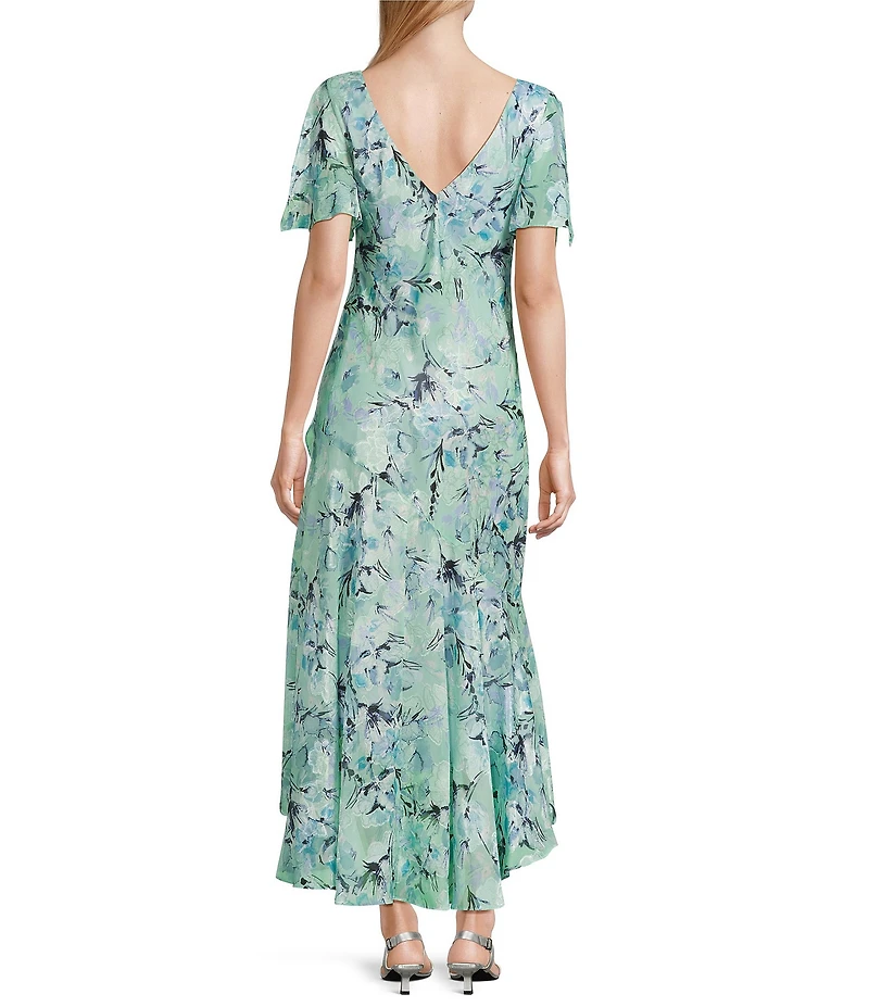 Alex Evenings Chiffon V-Neck Short Sleeve Tulip Overlay High-Low Hem Fit and Flare Midi Dress