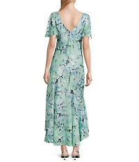 Alex Evenings Chiffon V-Neck Short Sleeve Tulip Overlay High-Low Hem Fit and Flare Midi Dress