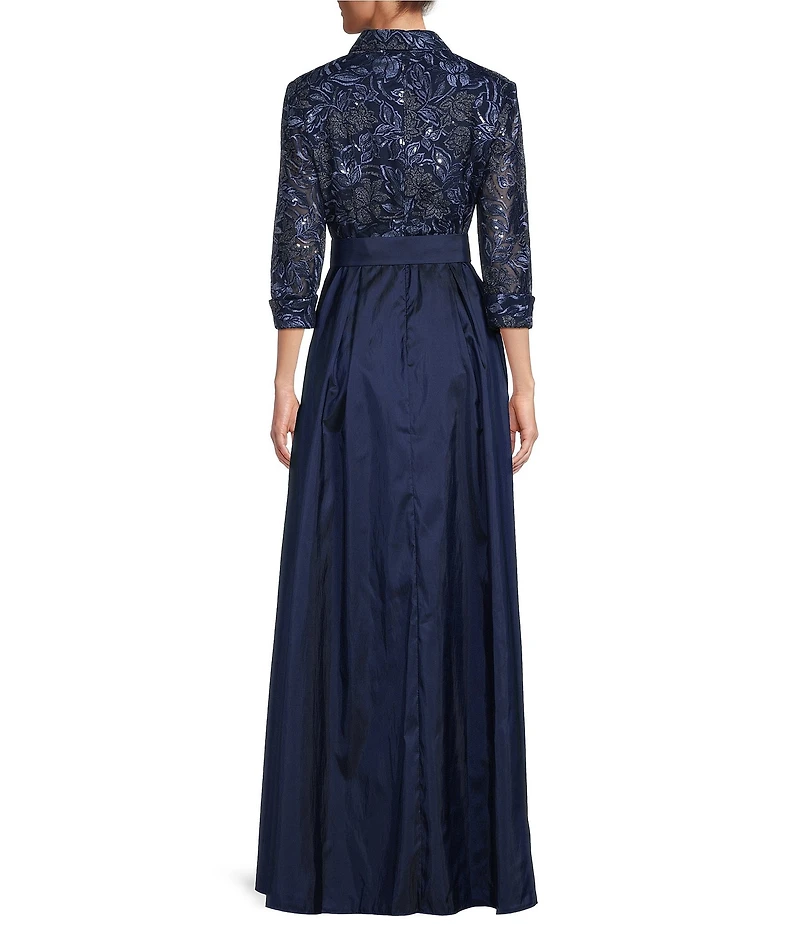 Alex Evenings Collared V Neck 3/4 Sleeve Belted A Line Stretch Tulle Gown