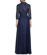 Alex Evenings Collared V Neck 3/4 Sleeve Belted A Line Stretch Tulle Gown