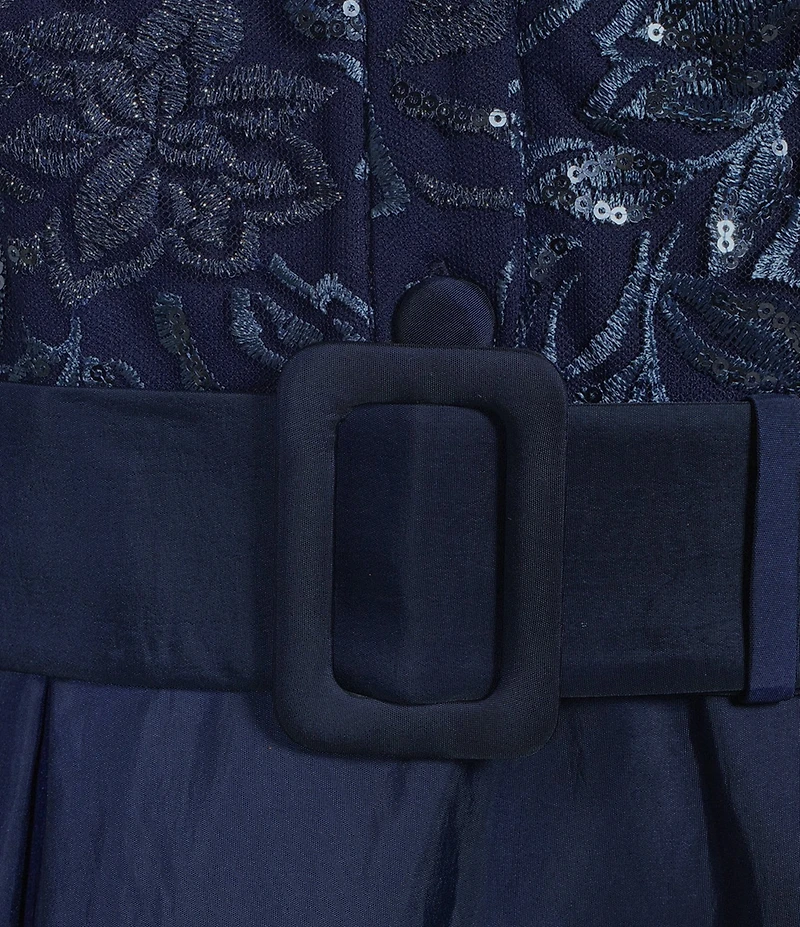 Alex Evenings Collared V Neck 3/4 Sleeve Belted A Line Stretch Tulle Gown