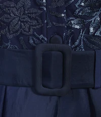 Alex Evenings Collared V Neck 3/4 Sleeve Belted A Line Stretch Tulle Gown