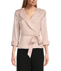 Alex Evenings Collared V Neck 3/4 Sleeve Tie Sash Wrap Blouse