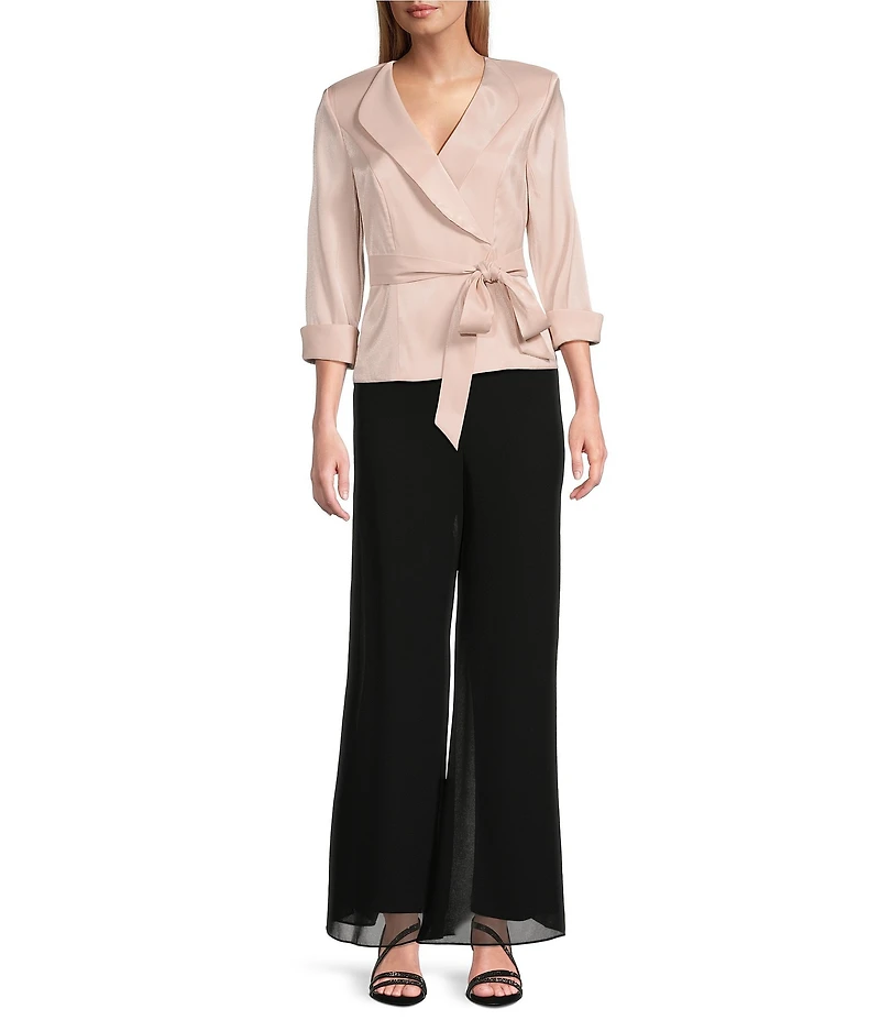 Alex Evenings Collared V Neck 3/4 Sleeve Tie Sash Wrap Blouse