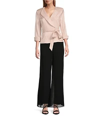 Alex Evenings Collared V Neck 3/4 Sleeve Tie Sash Wrap Blouse