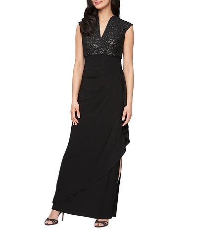 Alex Evenings Corded Bodice V-Neck Sleeveless Cascading Ruffle Detail Empire Waist Long Dress
