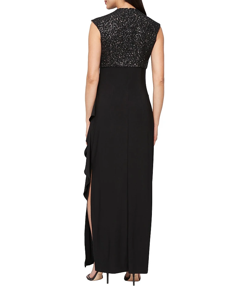 Alex Evenings Corded Bodice V-Neck Sleeveless Cascading Ruffle Detail Empire Waist Long Dress