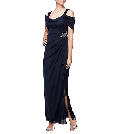 Alex Evenings Short Sleeve Cold Shoulder Cowl Neck Side Brooch Gown