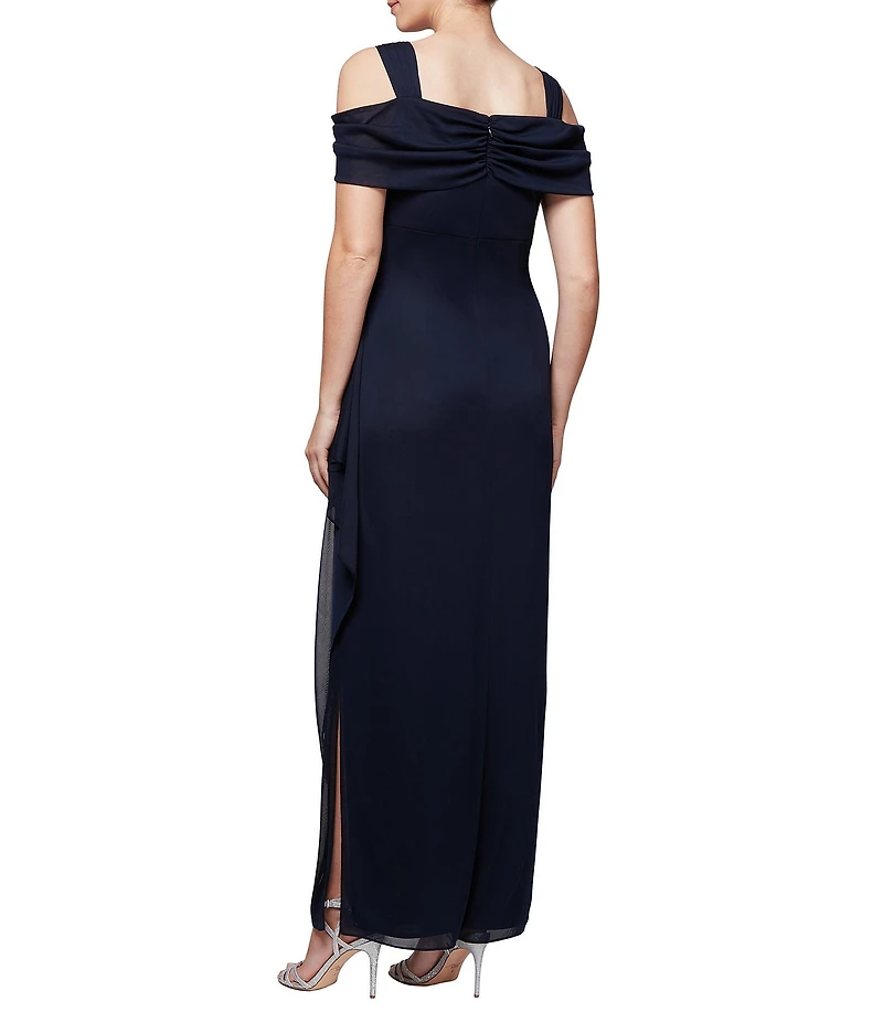 Alex Evenings Short Sleeve Cold Shoulder Cowl Neck Side Brooch Gown