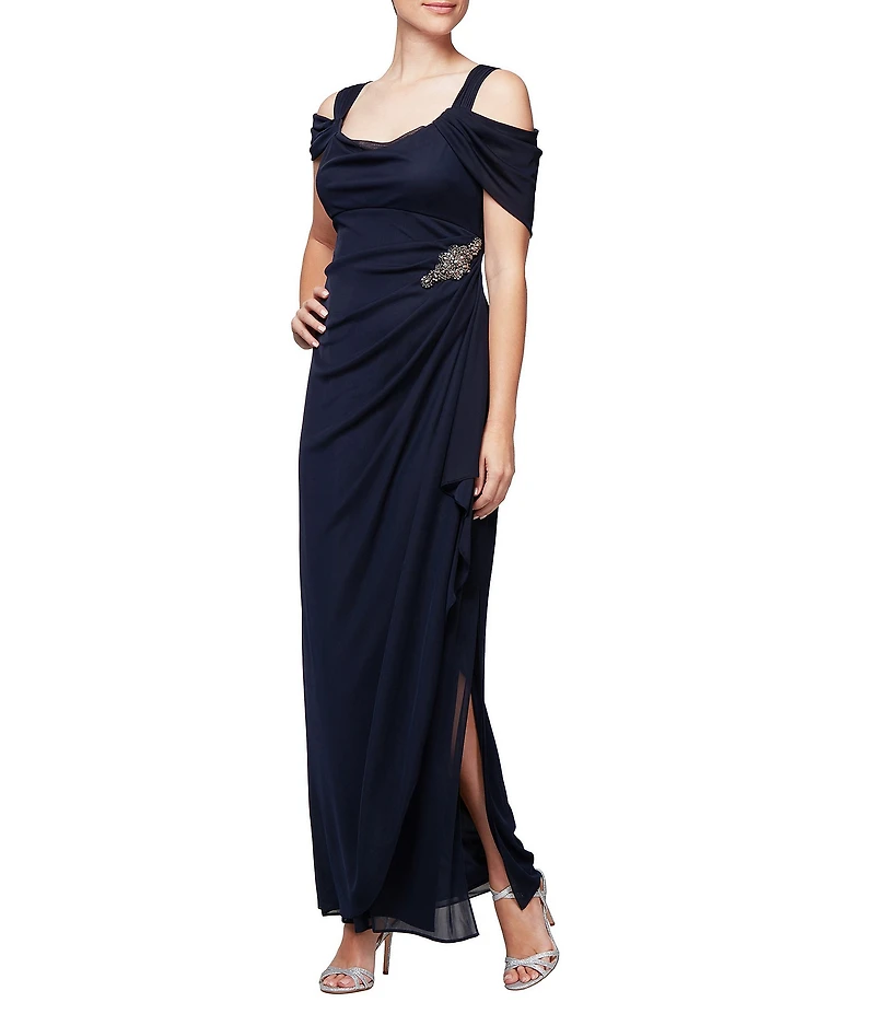 Alex Evenings Short Sleeve Cold Shoulder Cowl Neck Side Brooch Gown