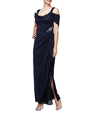 Alex Evenings Short Sleeve Cold Shoulder Cowl Neck Side Brooch Gown