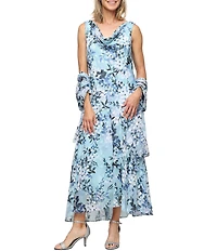 Alex Evenings Cowl Neck Floral Print Burnout Chiffon Dress