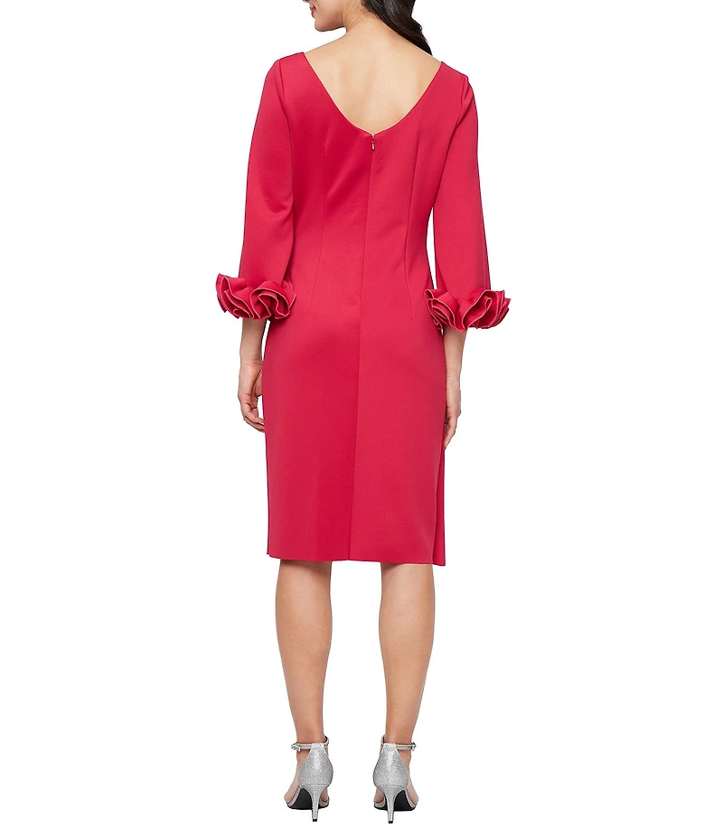 Alex Evenings Crepe Boat Neck 3/4 Ruffled Sleeve Sheath Dress