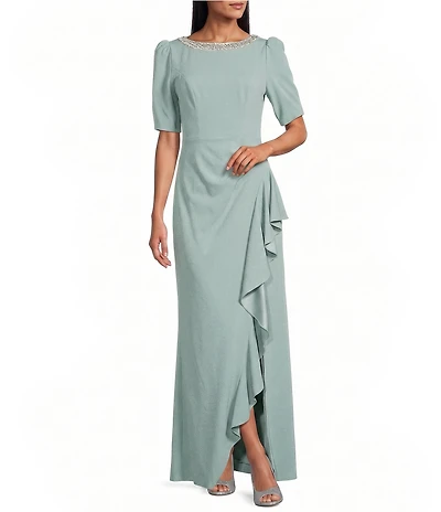 Alex Evenings Crepe Embellished Boat Neck Short Sleeve Ruffle Cascade A-Line Long Gown