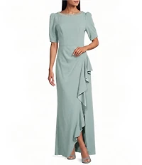 Alex Evenings Crepe Embellished Boat Neck Short Sleeve Ruffle Cascade A-Line Long Gown