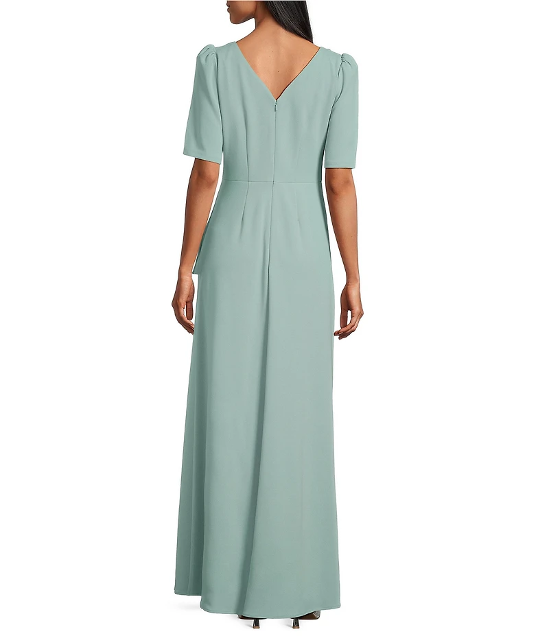 Alex Evenings Crepe Embellished Boat Neck Short Sleeve Ruffle Cascade A-Line Long Gown