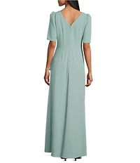 Alex Evenings Crepe Embellished Boat Neck Short Sleeve Ruffle Cascade A-Line Long Gown