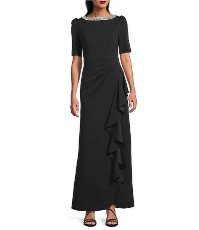 Alex Evenings Crepe Embellished Boat Neck 3/4 Sleeve Ruffle Cascade A-Line Gown