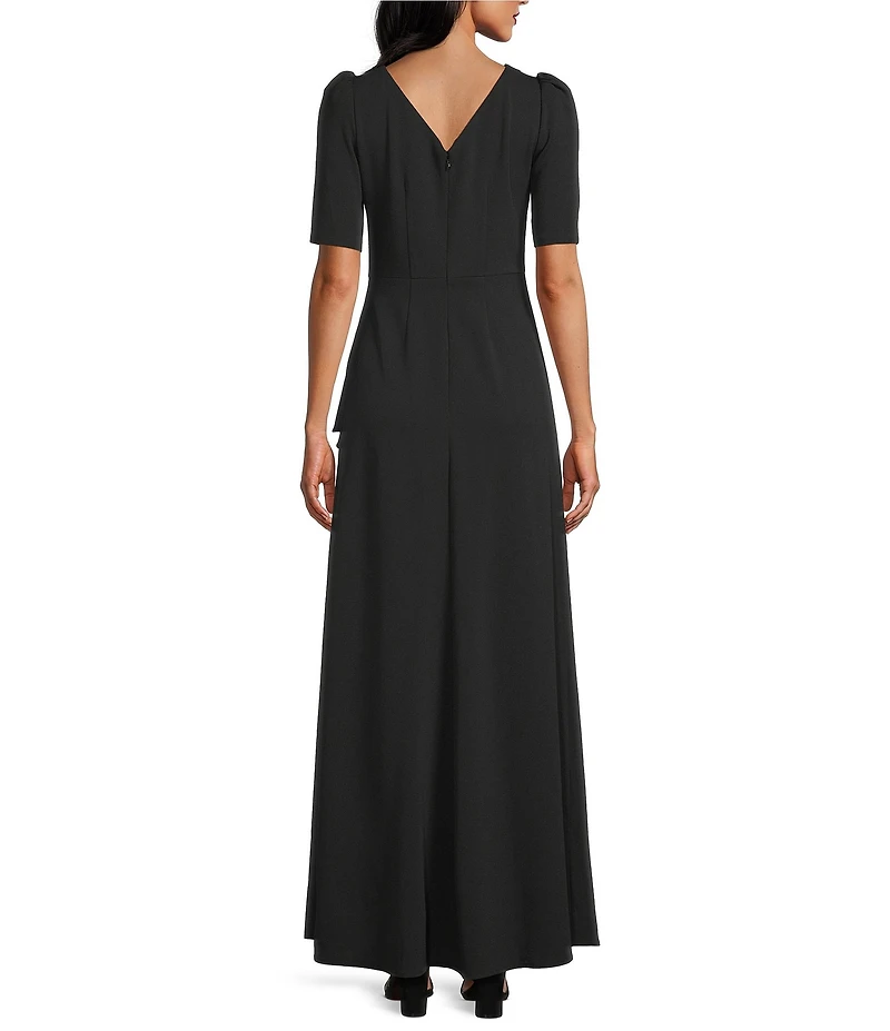 Alex Evenings Crepe Embellished Boat Neck 3/4 Sleeve Ruffle Cascade A-Line Gown