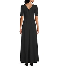 Alex Evenings Crepe Embellished Boat Neck 3/4 Sleeve Ruffle Cascade A-Line Gown