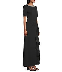 Alex Evenings Crepe Embellished Boat Neck 3/4 Sleeve Ruffle Cascade A-Line Gown