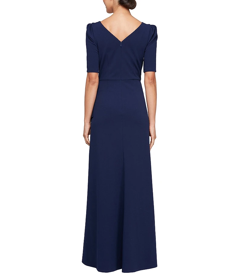 Alex Evenings Crepe Embellished Boat Neck 3/4 Sleeve Ruffle Cascade A-Line Gown