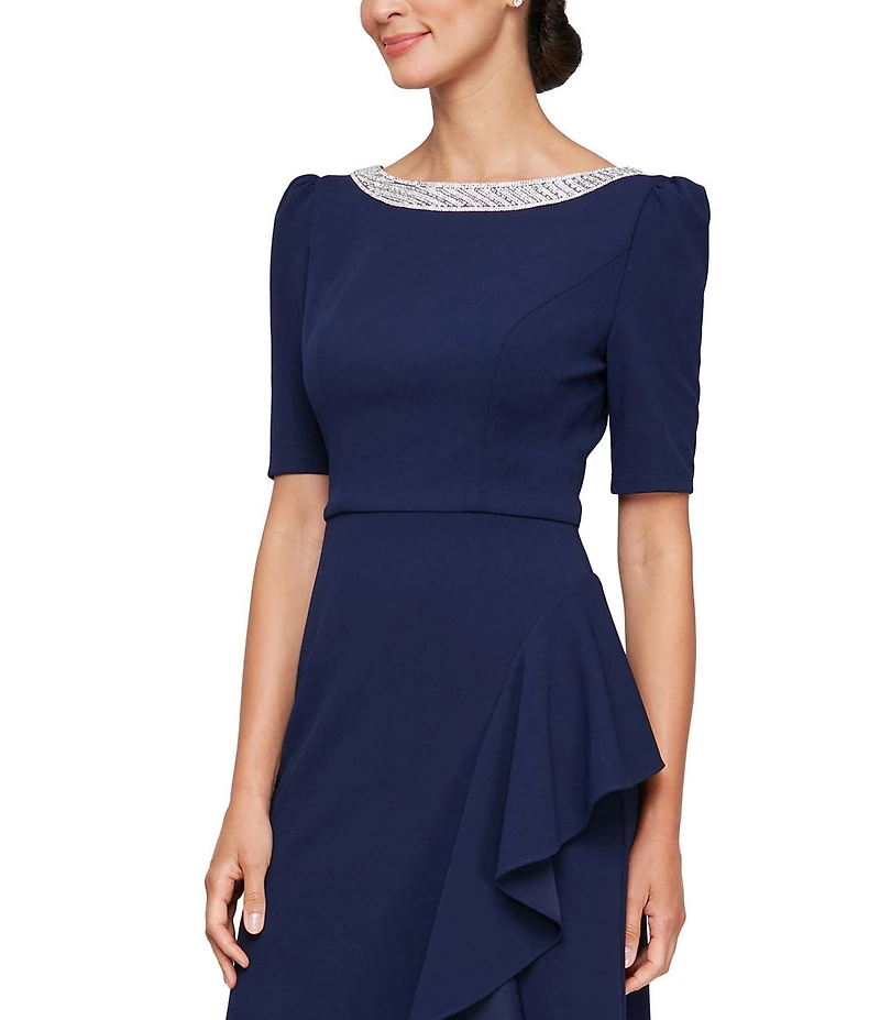 Alex Evenings Crepe Embellished Boat Neck 3/4 Sleeve Ruffle Cascade A-Line Gown