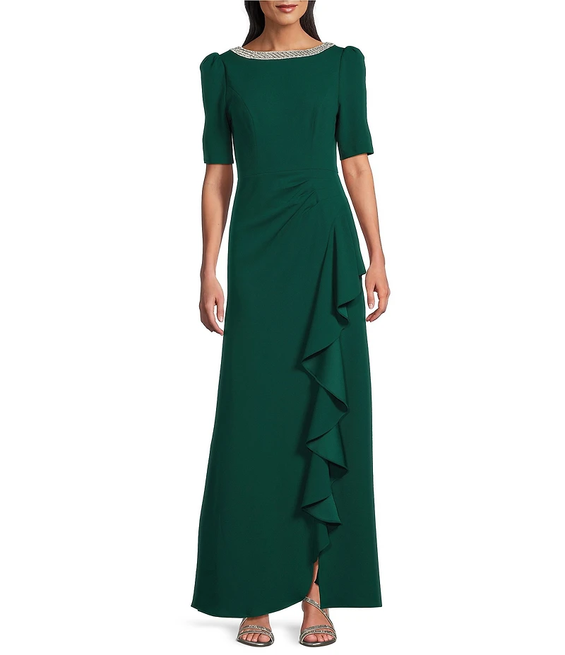 Alex Evenings Crepe Embellished Boat Neck 3/4 Sleeve Ruffle Cascade A-Line Gown
